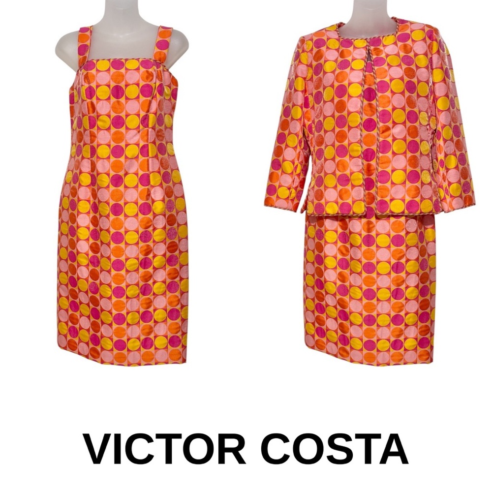 Victor Costa Orange/Pink/Yellow Circles Dress with Matching Jacket